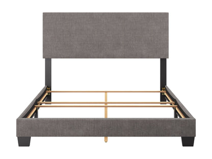 Grey modern queen bed with upholstered headboard, sleek wooden frame, and minimalist design, perfect for contemporary bedrooms.