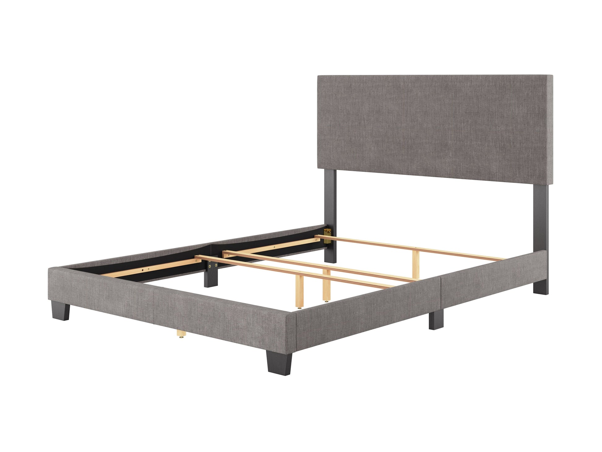 Grey modern queen bed with upholstered headboard, sleek wooden frame, and minimalist design, perfect for contemporary bedrooms.