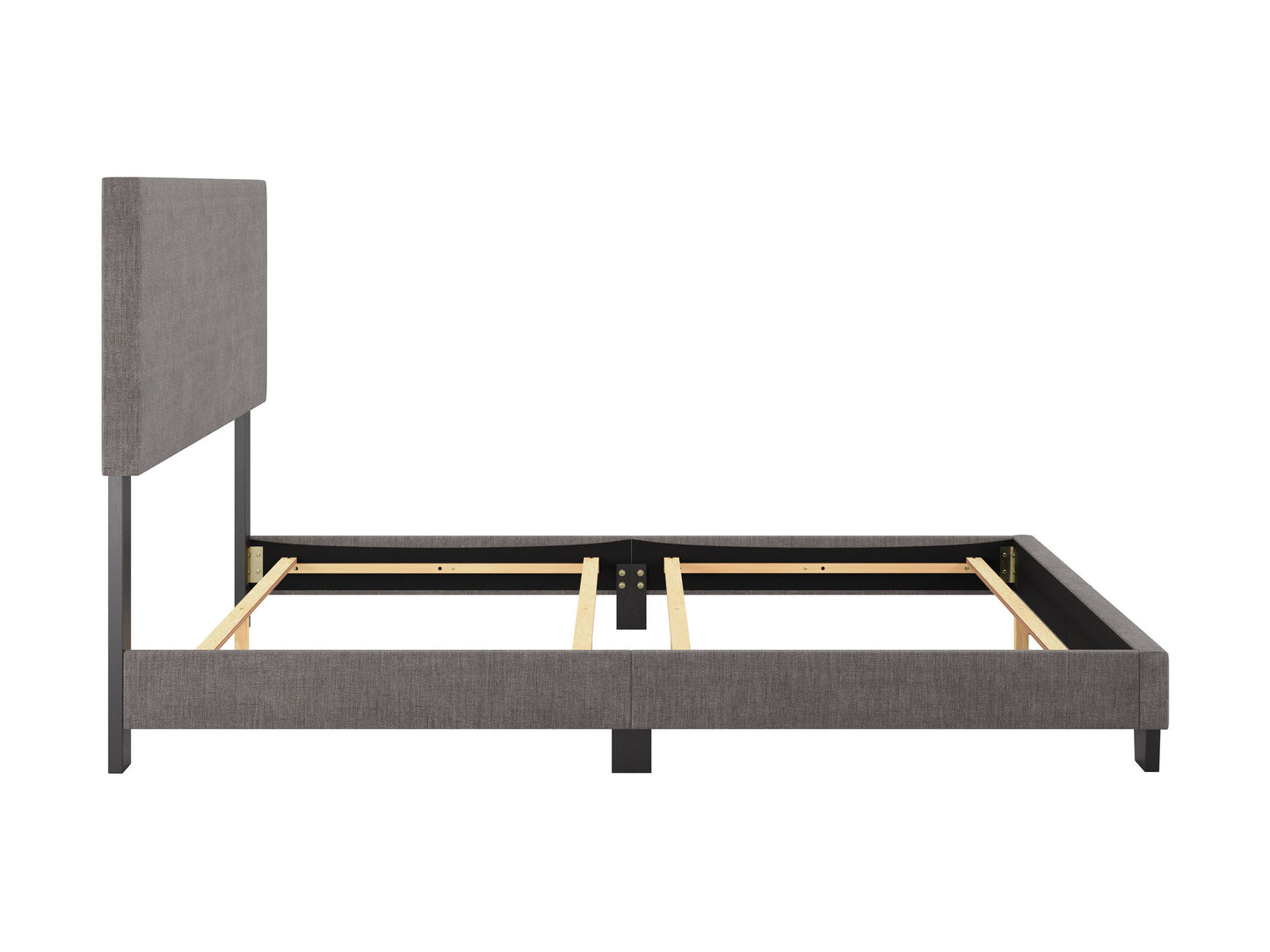 Grey modern queen bed with upholstered headboard, sleek wooden frame, and minimalist design, perfect for contemporary bedrooms.