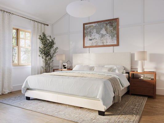 Cream boucle king bed with tufted headboard, wooden legs, and luxurious textured fabric. Perfect for modern bedrooms.
