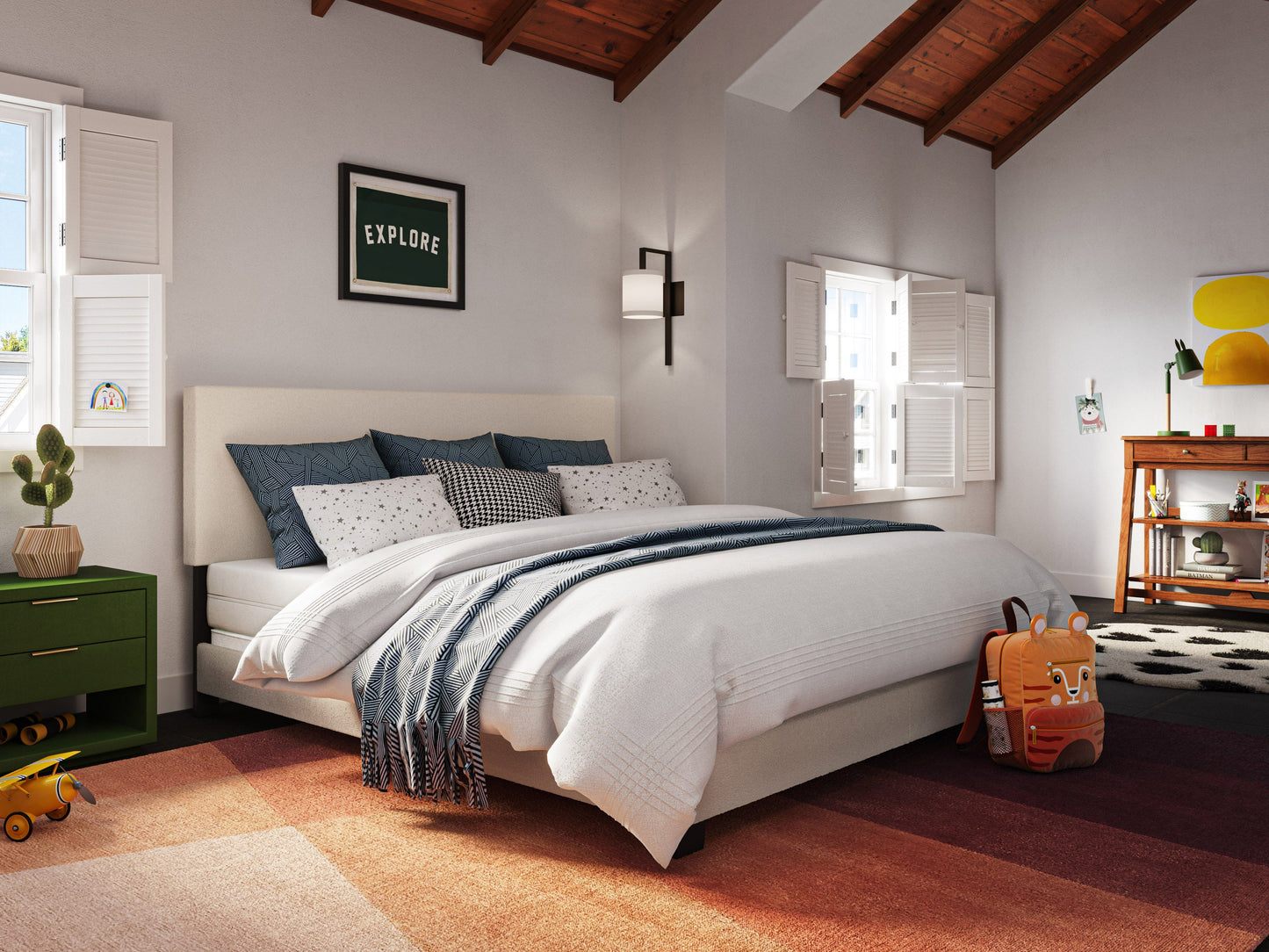 Cream boucle king bed with tufted headboard, wooden legs, and luxurious textured fabric. Perfect for modern bedrooms.