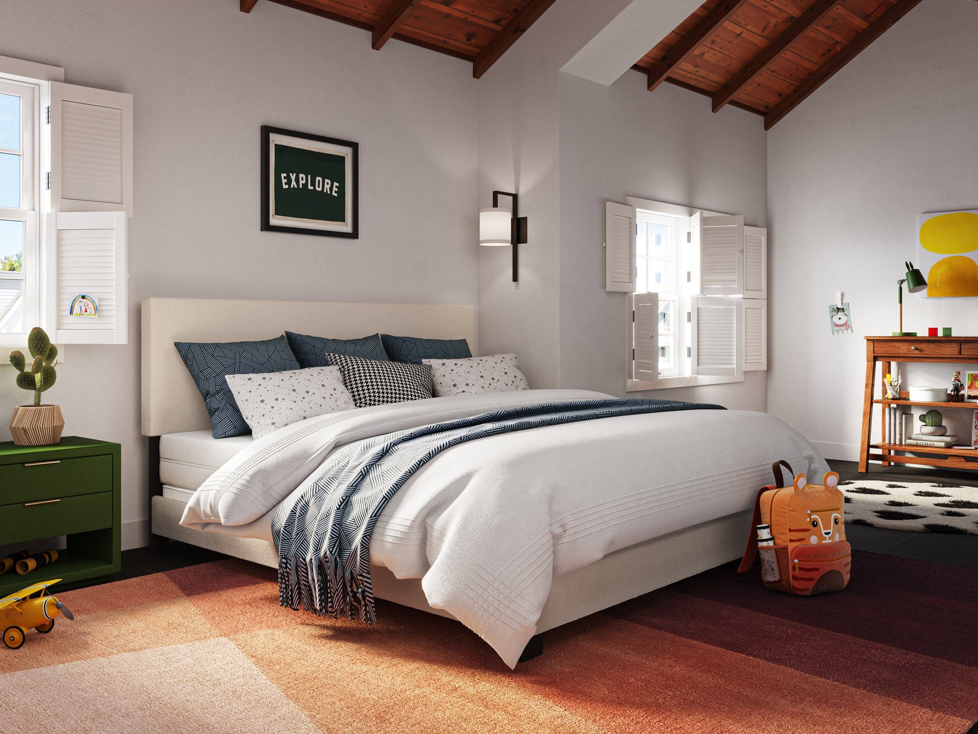 Cream boucle king bed with tufted headboard, wooden legs, and luxurious textured fabric. Perfect for modern bedrooms.
