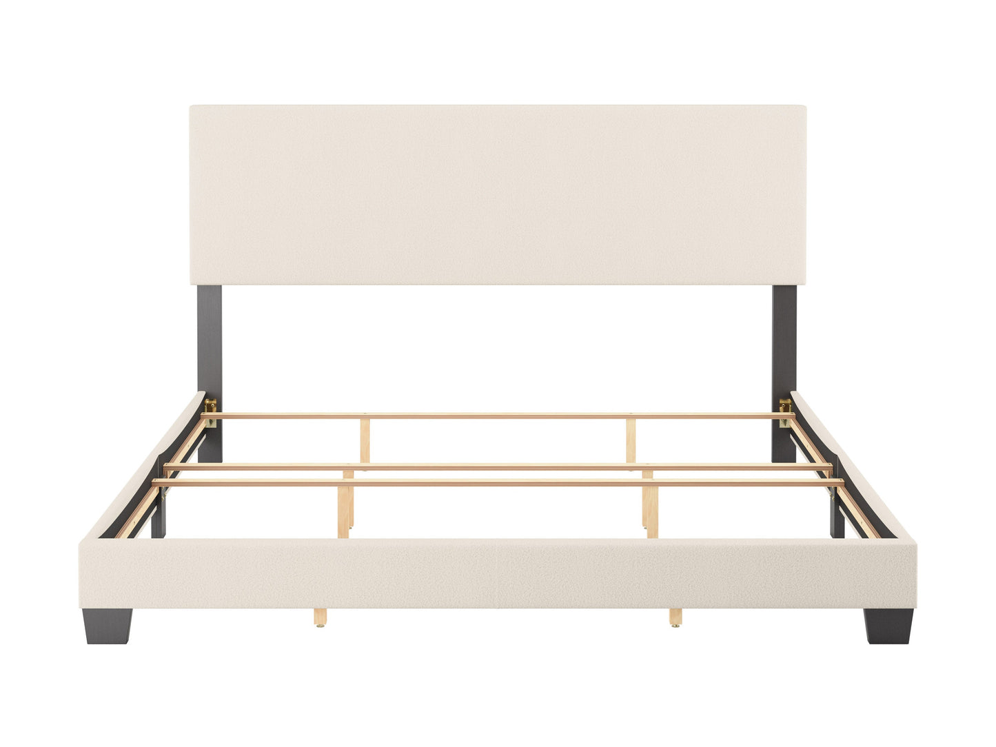 Cream boucle king bed with tufted headboard, wooden legs, and luxurious textured fabric. Perfect for modern bedrooms.