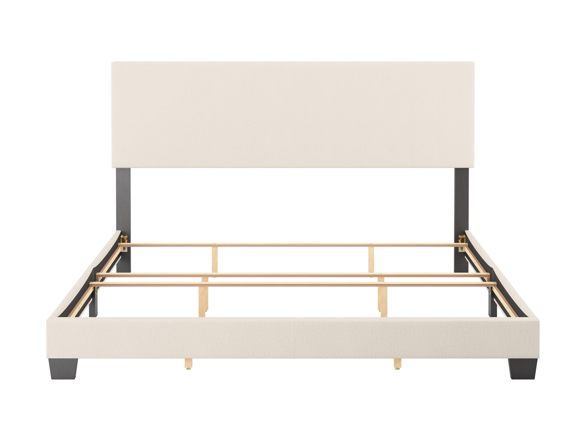 Cream boucle king bed with tufted headboard, wooden legs, and luxurious textured fabric. Perfect for modern bedrooms.