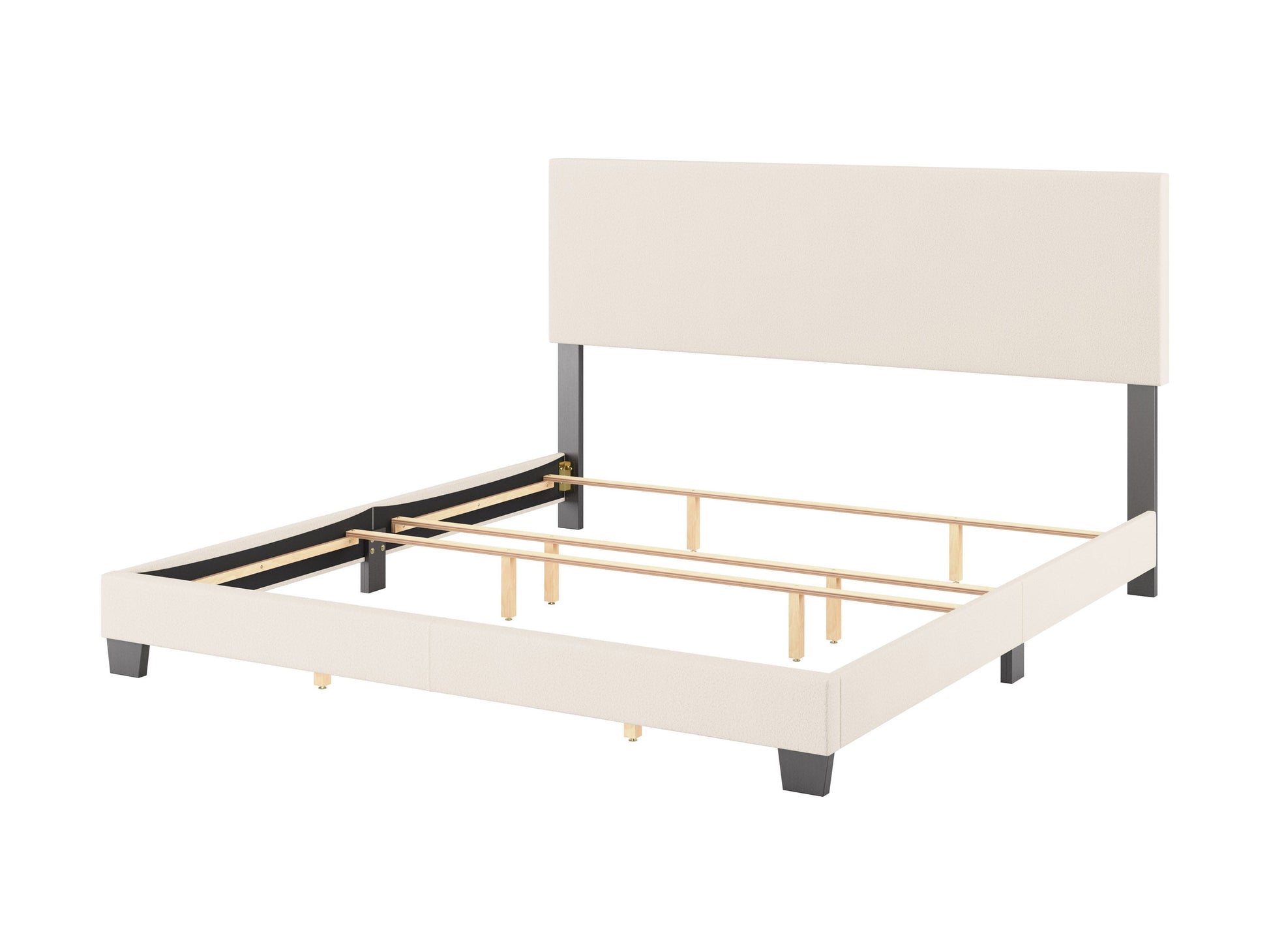 Cream boucle king bed with tufted headboard, wooden legs, and luxurious textured fabric. Perfect for modern bedrooms.