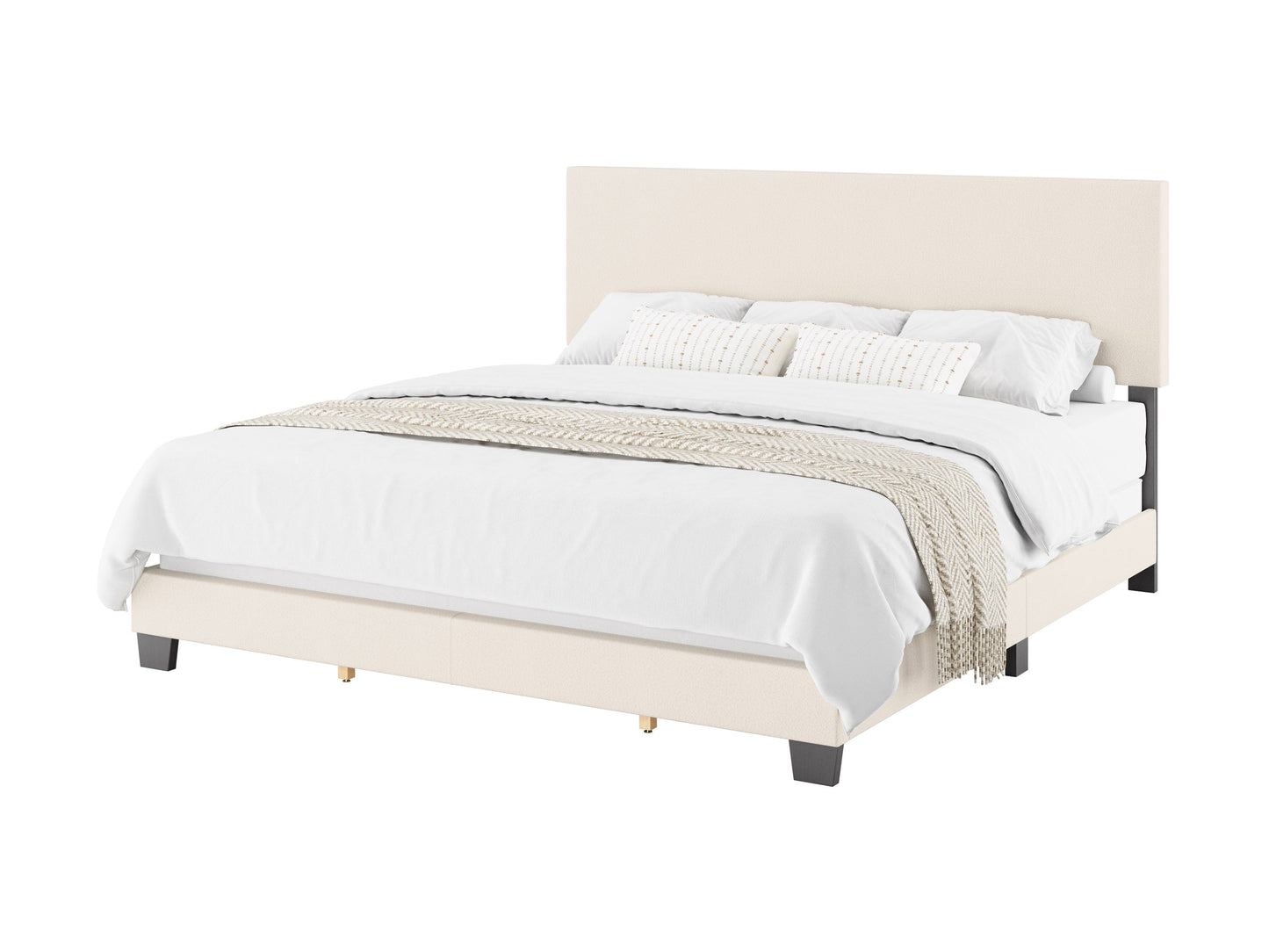 Cream boucle king bed with tufted headboard, wooden legs, and luxurious textured fabric. Perfect for modern bedrooms.