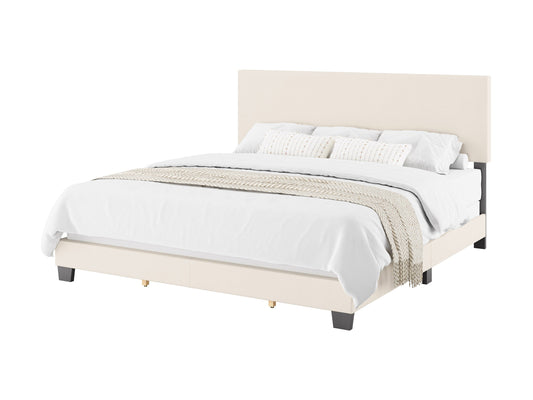 Cream boucle king bed with tufted headboard, wooden legs, and luxurious textured fabric. Perfect for modern bedrooms.
