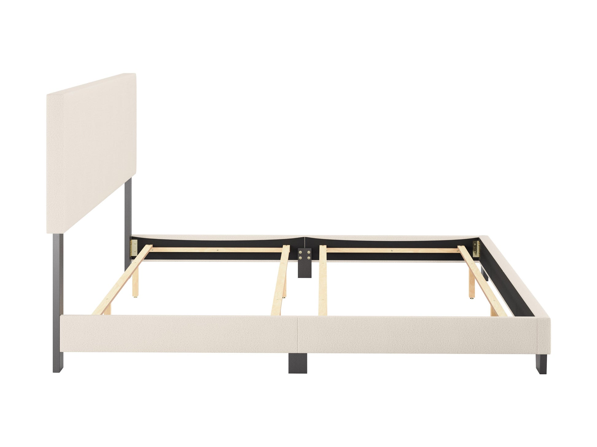 Cream boucle king bed with tufted headboard, wooden legs, and luxurious textured fabric. Perfect for modern bedrooms.