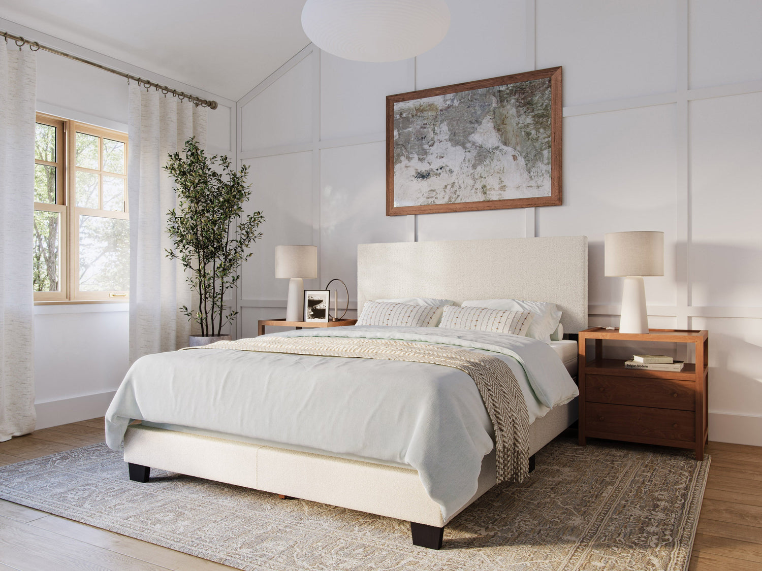 Cream boucle queen bed with plush, textured upholstery, featuring a high tufted headboard and sturdy wooden frame. Perfect for modern and cozy bedroom decor.