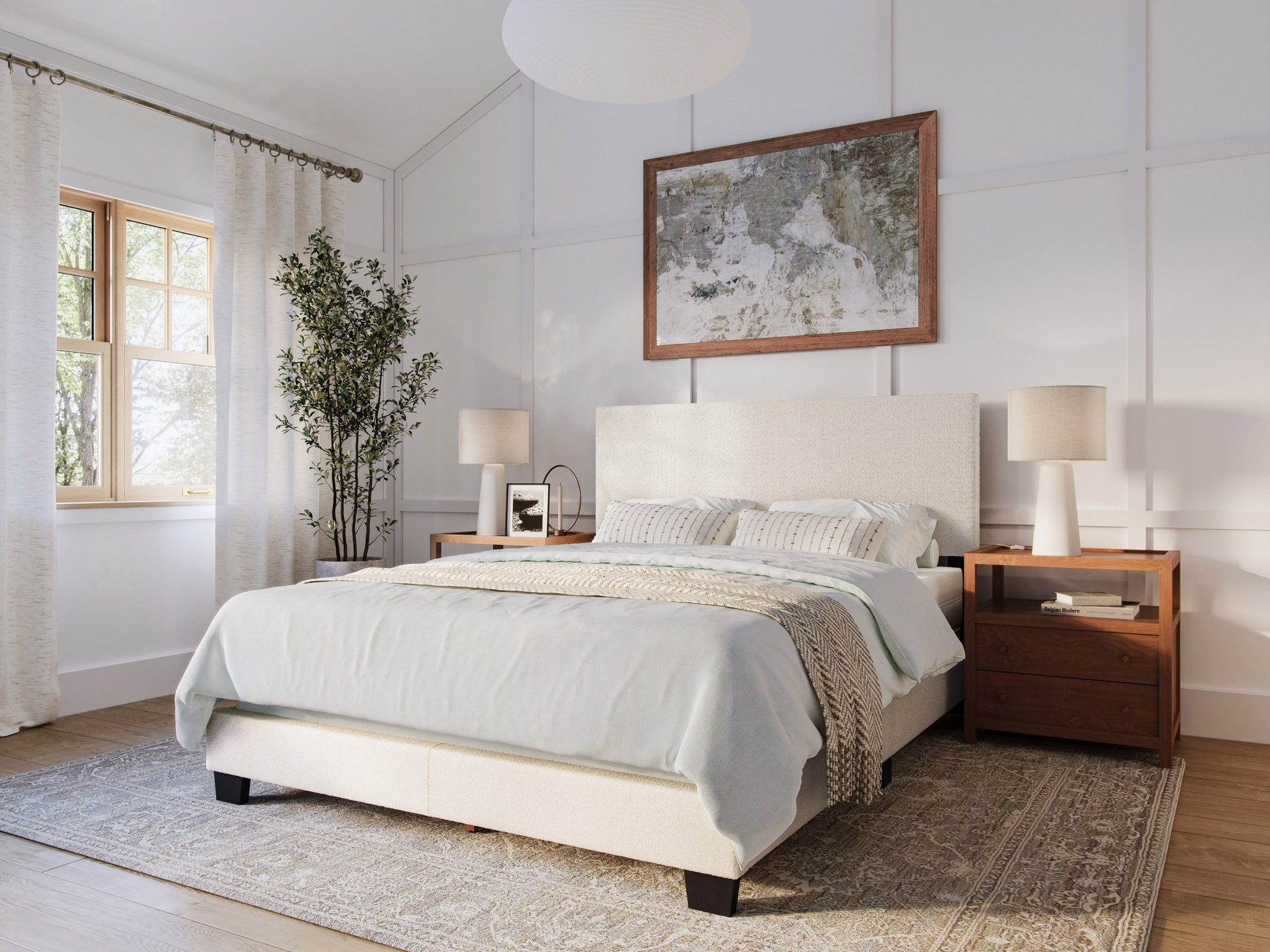 Cream boucle queen bed with plush, textured upholstery, featuring a high tufted headboard and sturdy wooden frame. Perfect for modern and cozy bedroom decor.