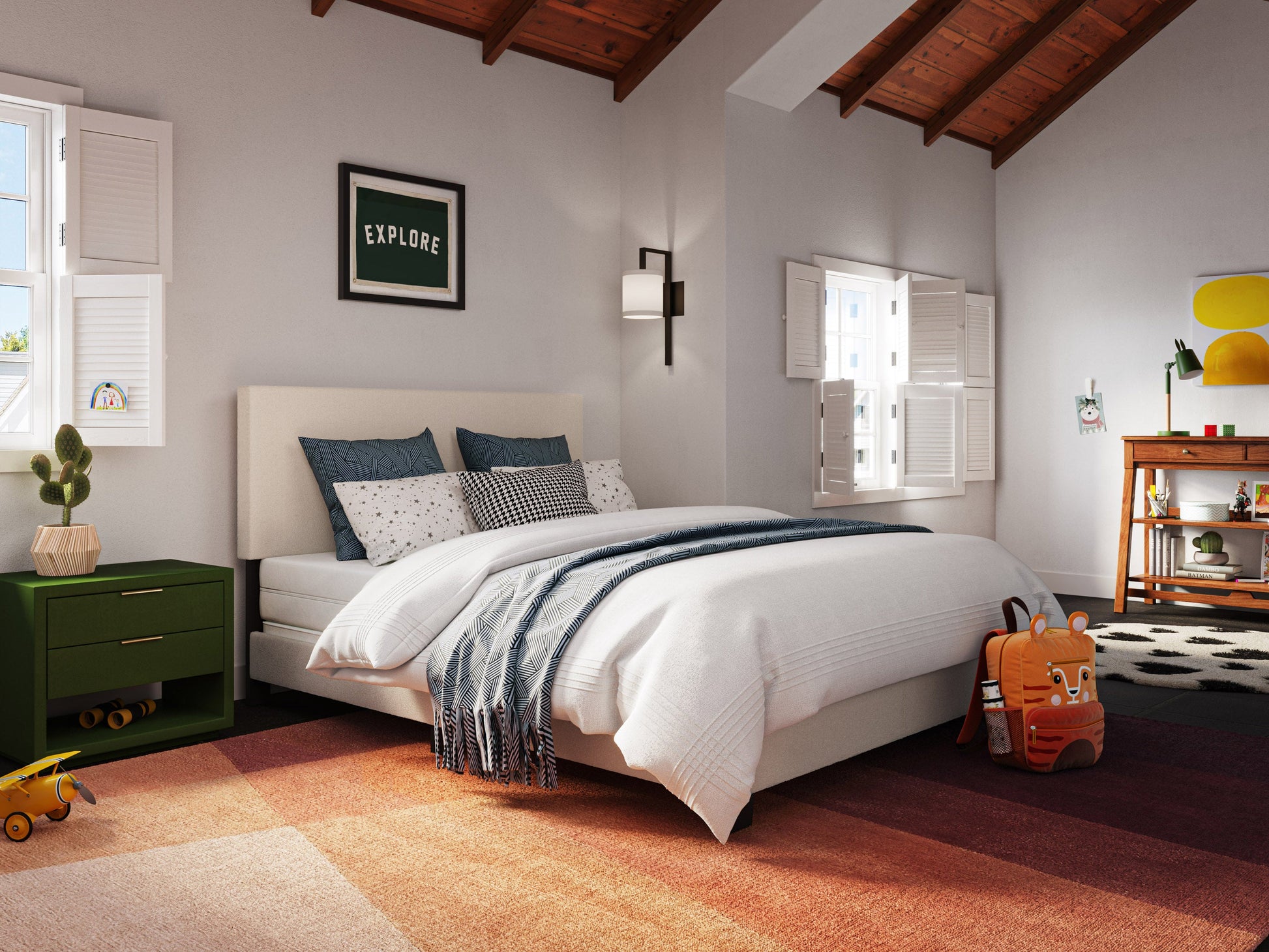 Cream boucle queen bed with plush, textured upholstery, featuring a high tufted headboard and sturdy wooden frame. Perfect for modern and cozy bedroom decor.