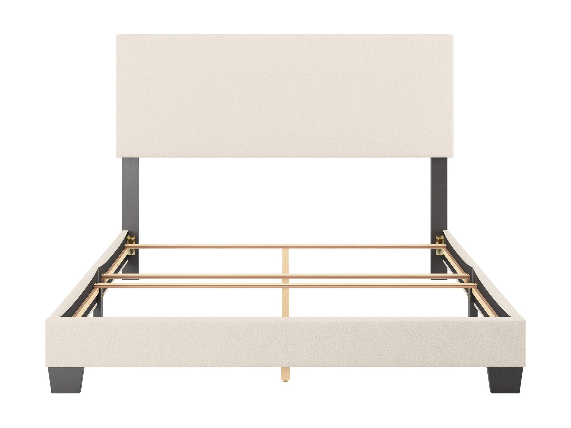 Cream boucle queen bed with plush, textured upholstery, featuring a high tufted headboard and sturdy wooden frame. Perfect for modern and cozy bedroom decor.