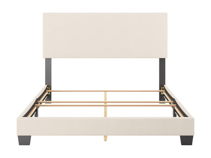 Cream boucle queen bed with plush, textured upholstery, featuring a high tufted headboard and sturdy wooden frame. Perfect for modern and cozy bedroom decor.
