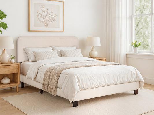 Leighton Modern Upholstered Bed with Curved Adjustable Headboard, Queen