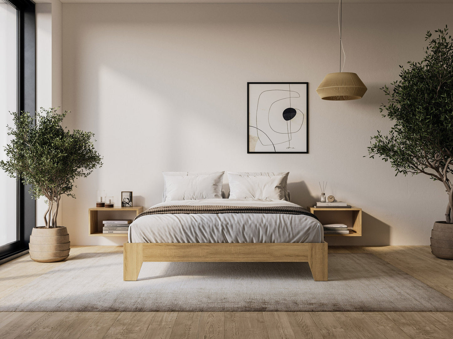 Modern queen platform bed with a sleek dark wood frame, upholstered headboard in light gray fabric, and minimalist design. Ideal for contemporary bedrooms, featuring sturdy construction and under-bed storage space.