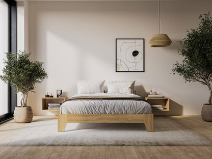 Modern queen platform bed with a sleek dark wood frame, upholstered headboard in light gray fabric, and minimalist design. Ideal for contemporary bedrooms, featuring sturdy construction and under-bed storage space.
