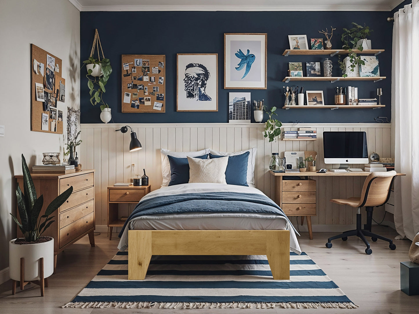 Modern queen platform bed with a sleek dark wood frame, upholstered headboard in light gray fabric, and minimalist design. Ideal for contemporary bedrooms, featuring sturdy construction and under-bed storage space.