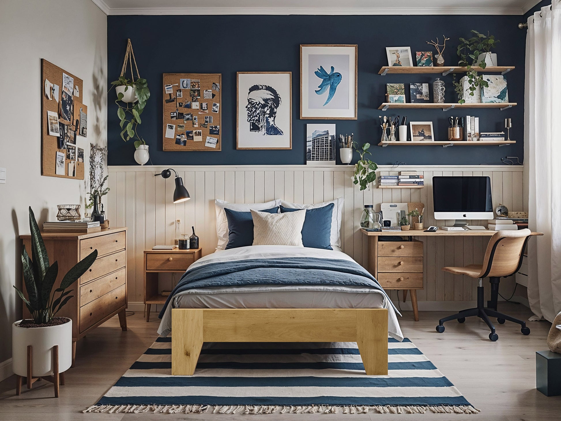 Modern queen platform bed with a sleek dark wood frame, upholstered headboard in light gray fabric, and minimalist design. Ideal for contemporary bedrooms, featuring sturdy construction and under-bed storage space.