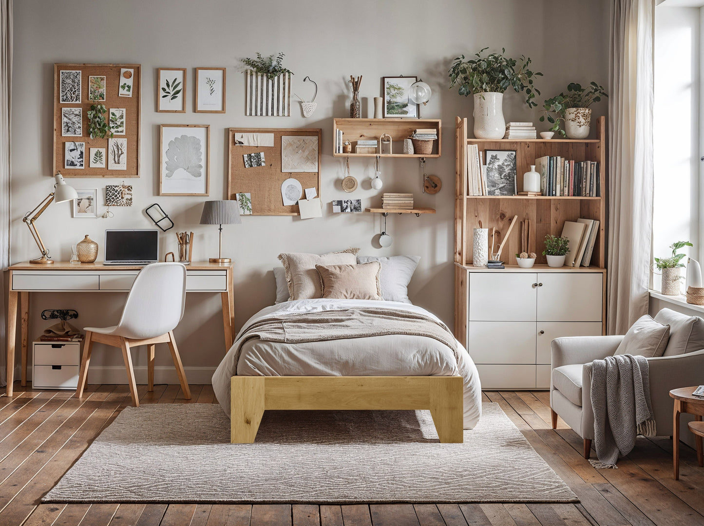 Modern queen platform bed with a sleek dark wood frame, upholstered headboard in light gray fabric, and minimalist design. Ideal for contemporary bedrooms, featuring sturdy construction and under-bed storage space.