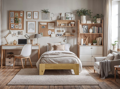 Modern queen platform bed with a sleek dark wood frame, upholstered headboard in light gray fabric, and minimalist design. Ideal for contemporary bedrooms, featuring sturdy construction and under-bed storage space.