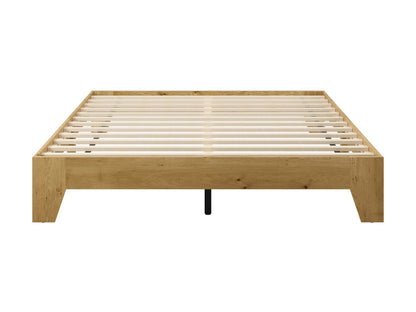 Modern queen platform bed with a sleek dark wood frame, upholstered headboard in light gray fabric, and minimalist design. Ideal for contemporary bedrooms, featuring sturdy construction and under-bed storage space.