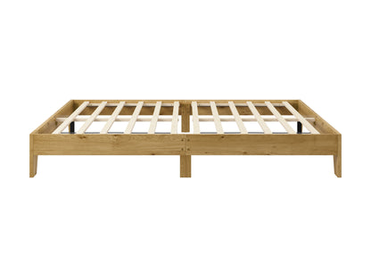Modern queen platform bed with a sleek dark wood frame, upholstered headboard in light gray fabric, and minimalist design. Ideal for contemporary bedrooms, featuring sturdy construction and under-bed storage space.