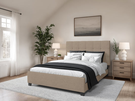 Warm Stone Tufted Double Fabric Bed