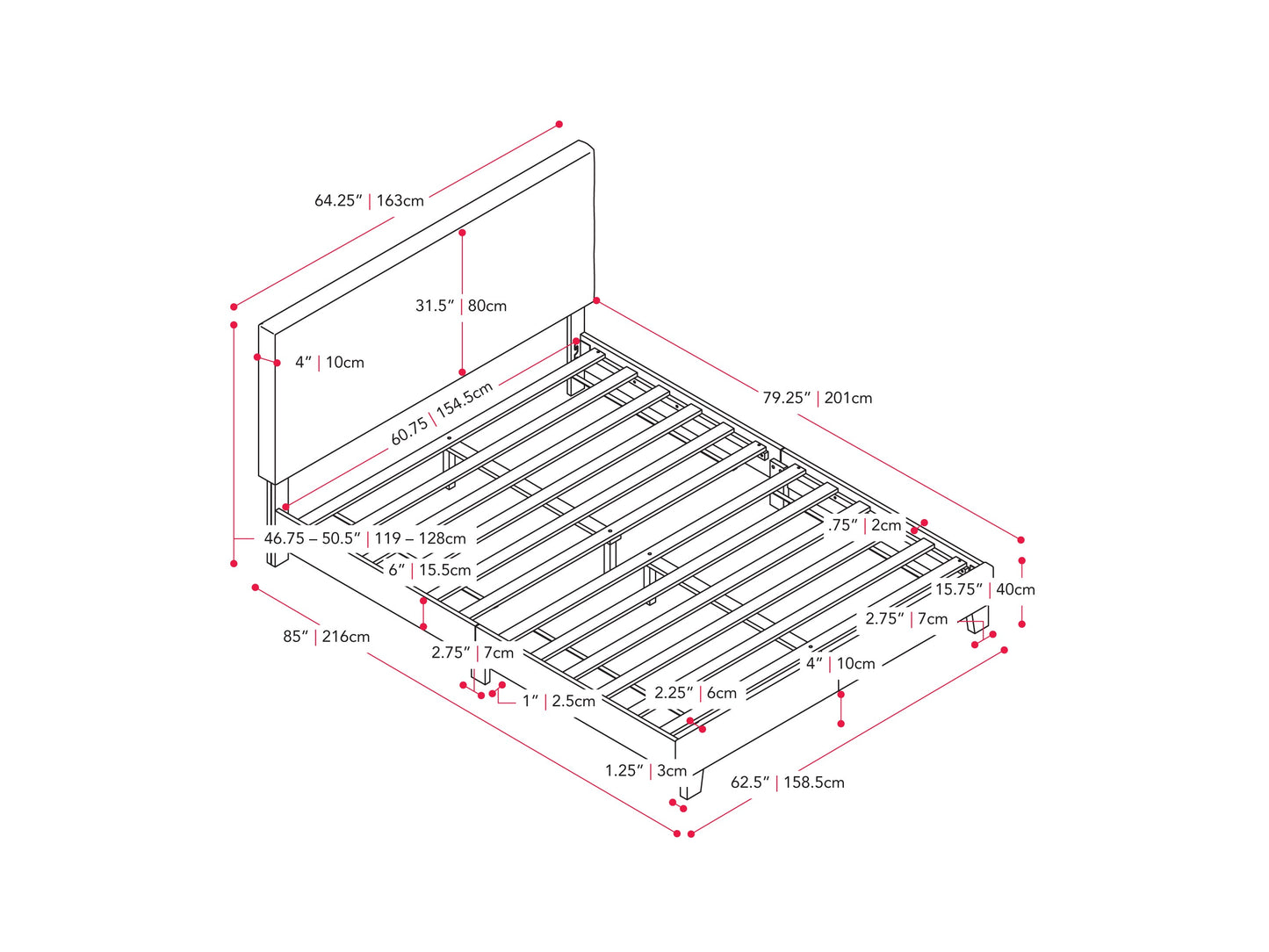 Charcoal Fabric Queen Bed with Slats