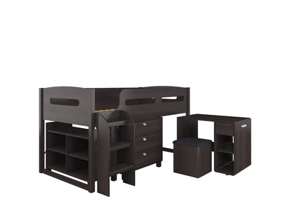 Espresso twin loft bed with built-in desk, sturdy wooden frame, ladder access, and safety rails. Ideal space-saving solution for kids' or teens' rooms, combining sleep and study areas in one stylish design.