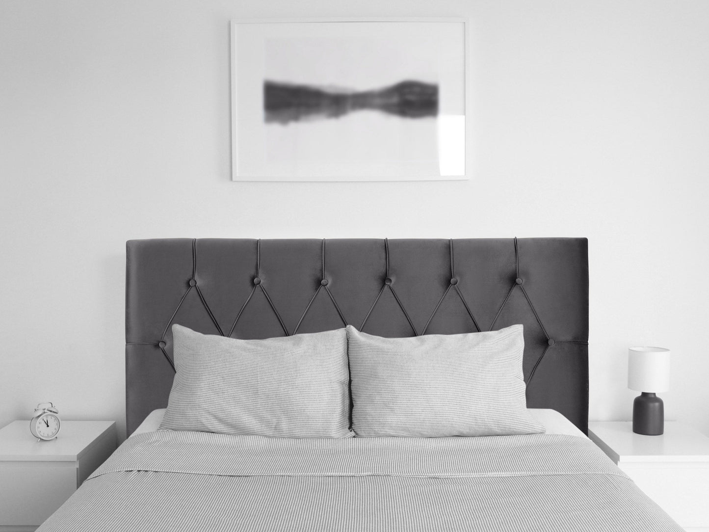 Dark grey velvet headboard for full/double bed with tufted design, soft texture, and elegant finish. Perfect for adding a sophisticated touch to bedroom decor.