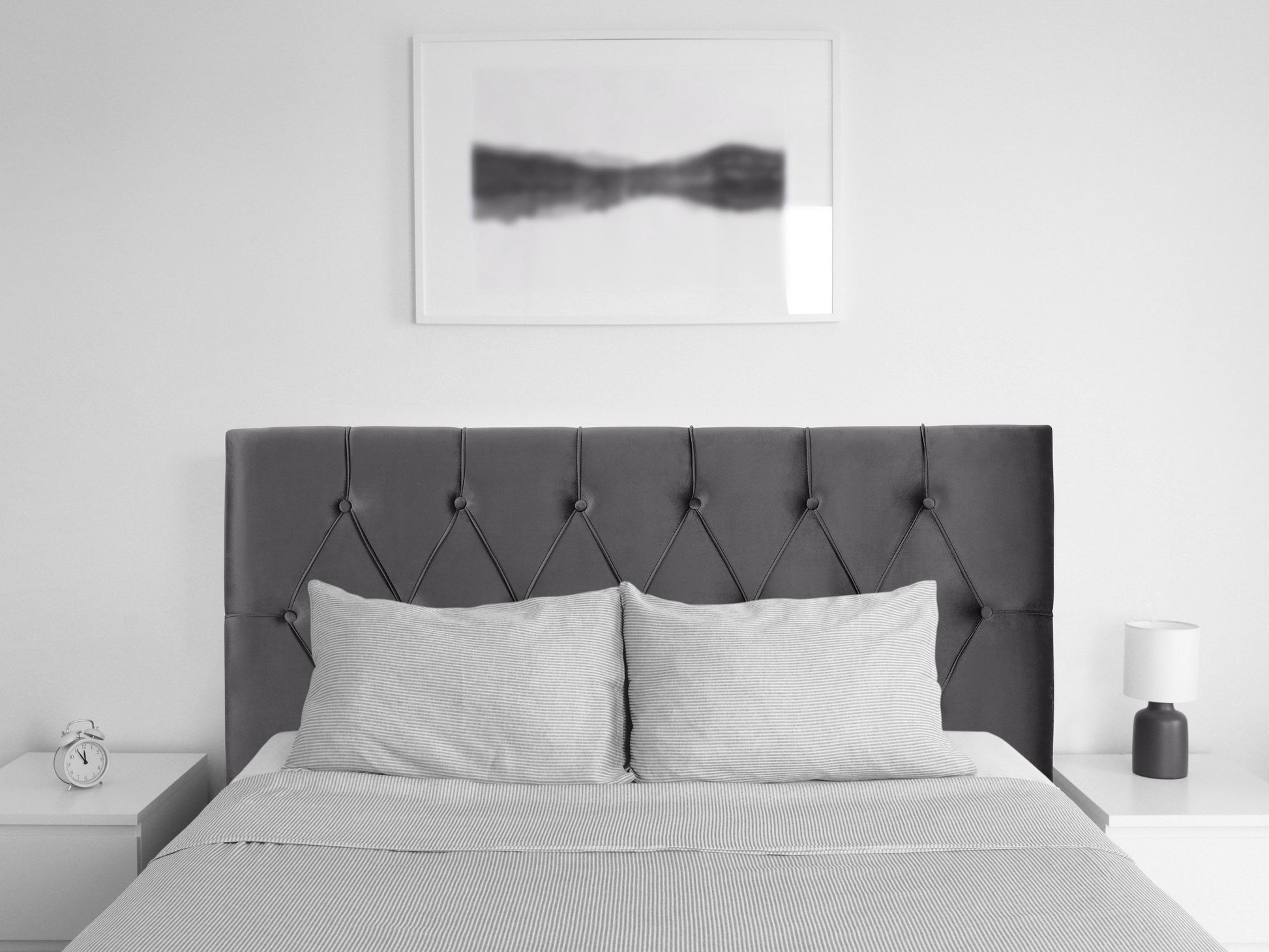 Dark grey velvet headboard for full/double bed with tufted design, soft texture, and elegant finish. Perfect for adding a sophisticated touch to bedroom decor.