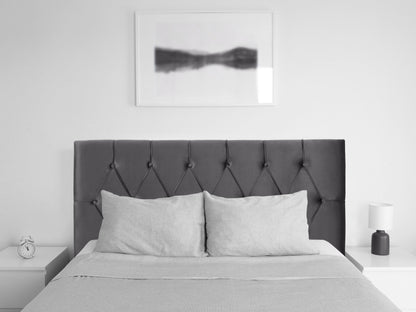 Dark grey velvet headboard for full/double bed with tufted design, soft texture, and elegant finish. Perfect for adding a sophisticated touch to bedroom decor.