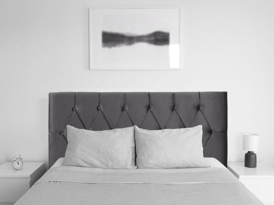 Dark grey velvet headboard for full/double bed with tufted design, soft texture, and elegant finish. Perfect for adding a sophisticated touch to bedroom decor.