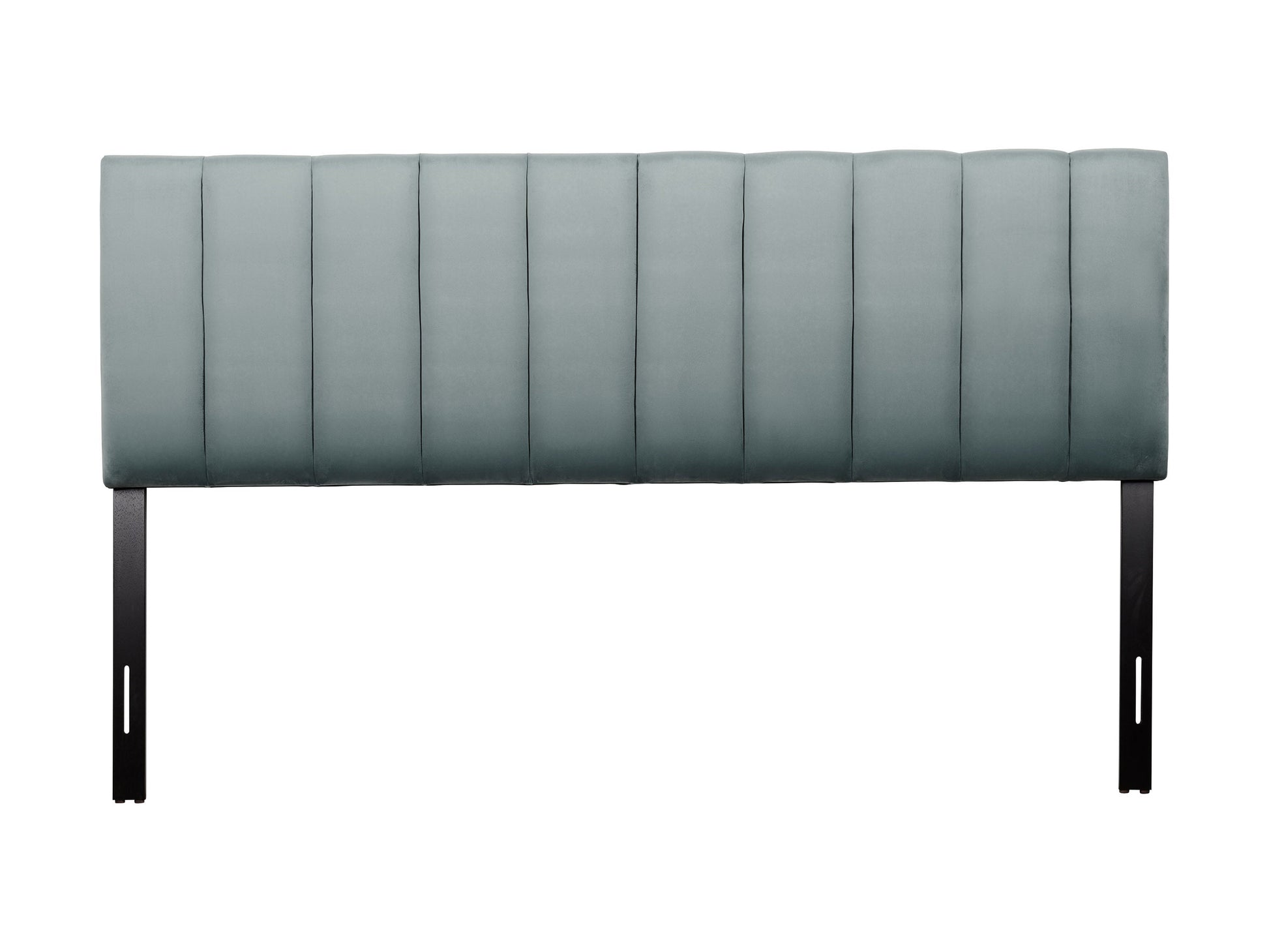 Light blue king-size panel headboard with tufted upholstery, elegant button detailing, and soft fabric texture, ideal for modern bedroom decor.