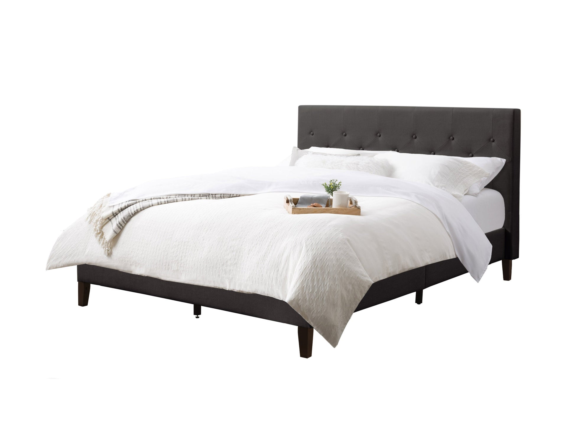 Dark grey button tufted queen bed with upholstered headboard, elegant design, and sturdy wooden legs. Ideal for modern bedrooms, blending comfort and sophistication.