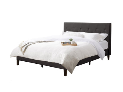 Dark grey button tufted queen bed with upholstered headboard, elegant design, and sturdy wooden legs. Ideal for modern bedrooms, blending comfort and sophistication.