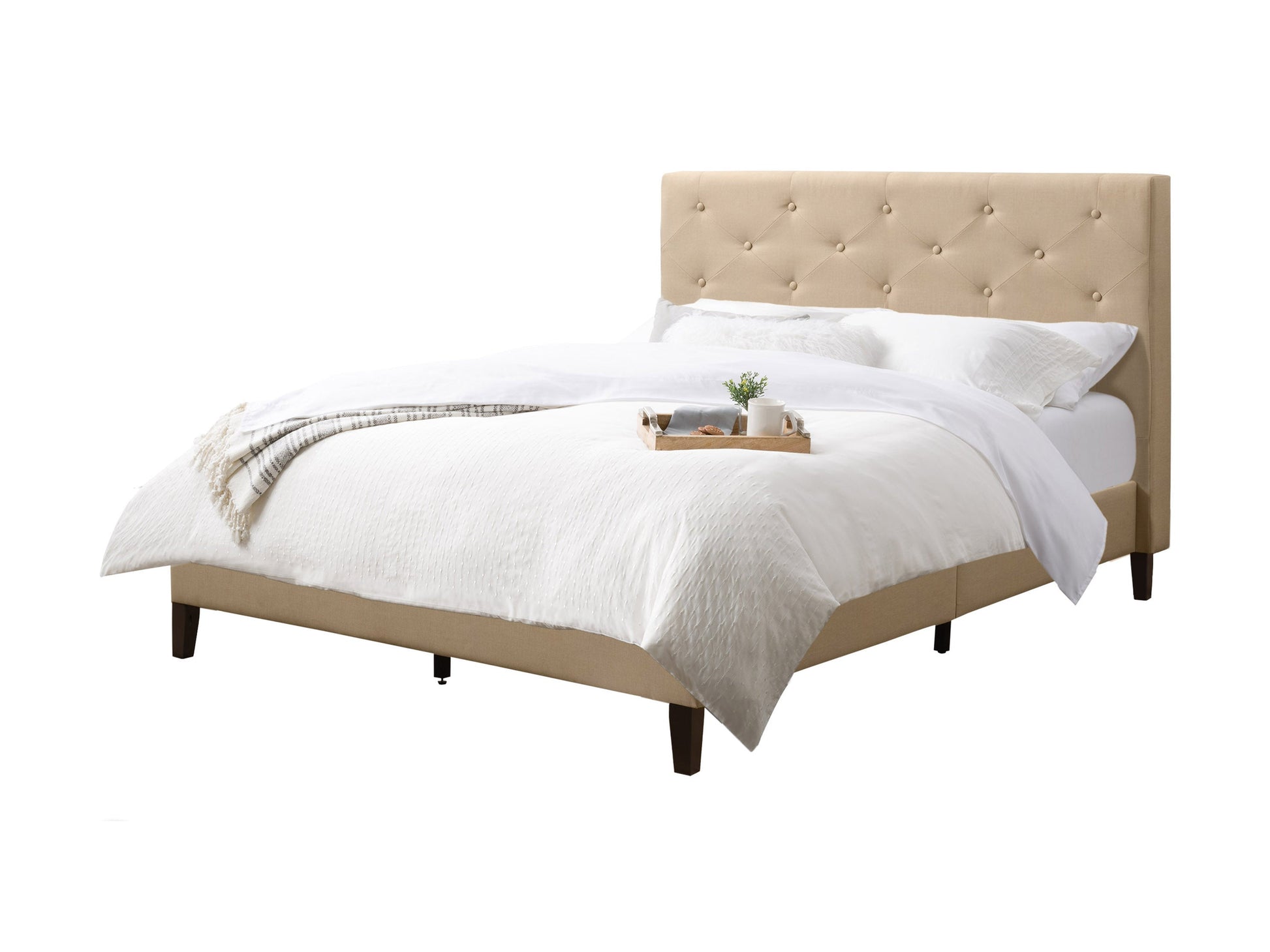 Cream button tufted double/full bed with elegant headboard, soft upholstery, and sturdy wooden frame. Ideal for modern and classic bedroom decor.