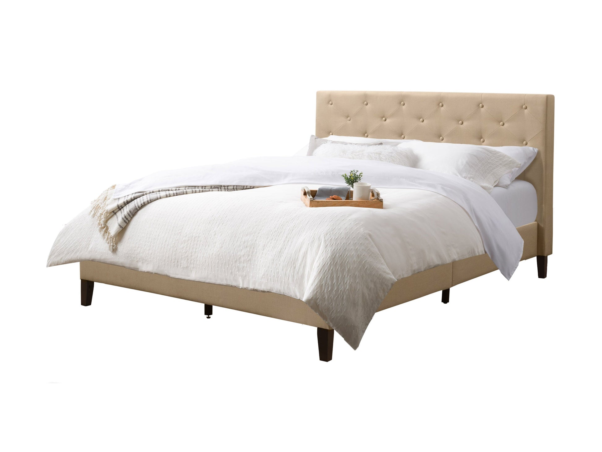 Cream button tufted queen bed with elegant headboard, upholstered in soft fabric, featuring intricate tufting and sturdy wooden frame, perfect for modern and classic bedroom decor.