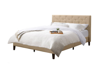 Cream button tufted queen bed with elegant headboard, upholstered in soft fabric, featuring intricate tufting and sturdy wooden frame, perfect for modern and classic bedroom decor.