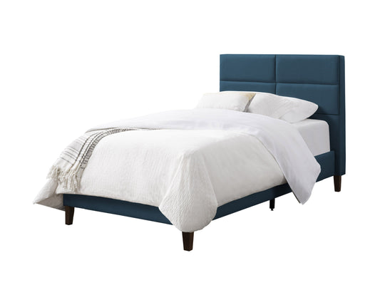 Alt Text: Upholstered twin bed in blue fabric with tufted headboard, wooden legs, and soft texture. Ideal for single sleepers, this stylish bed combines comfort and modern design for a cozy bedroom setup.