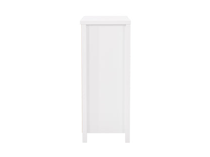White 5-drawer dresser with sleek modern design, featuring smooth white finish, minimalist metal handles, and sturdy construction. Ideal for bedroom storage, blending seamlessly with contemporary decor.