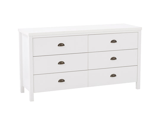 White 6 drawer dresser with sleek modern design, featuring minimalist metal handles, smooth matte finish, and sturdy wooden construction, ideal for bedroom storage and organization.
