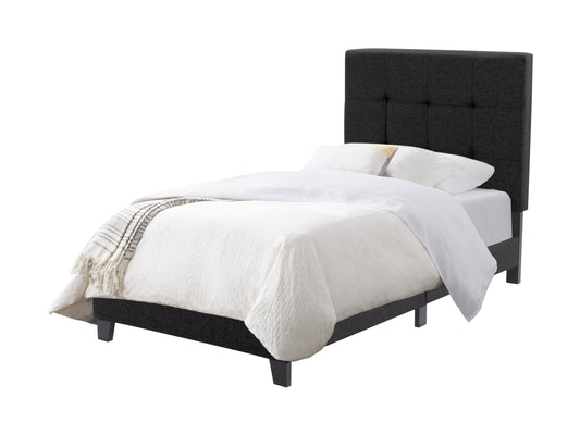 Twin single panel bed in black with sleek, modern design, featuring a sturdy metal frame, horizontal slats, and a minimalist headboard. Ideal for compact spaces and contemporary interiors.