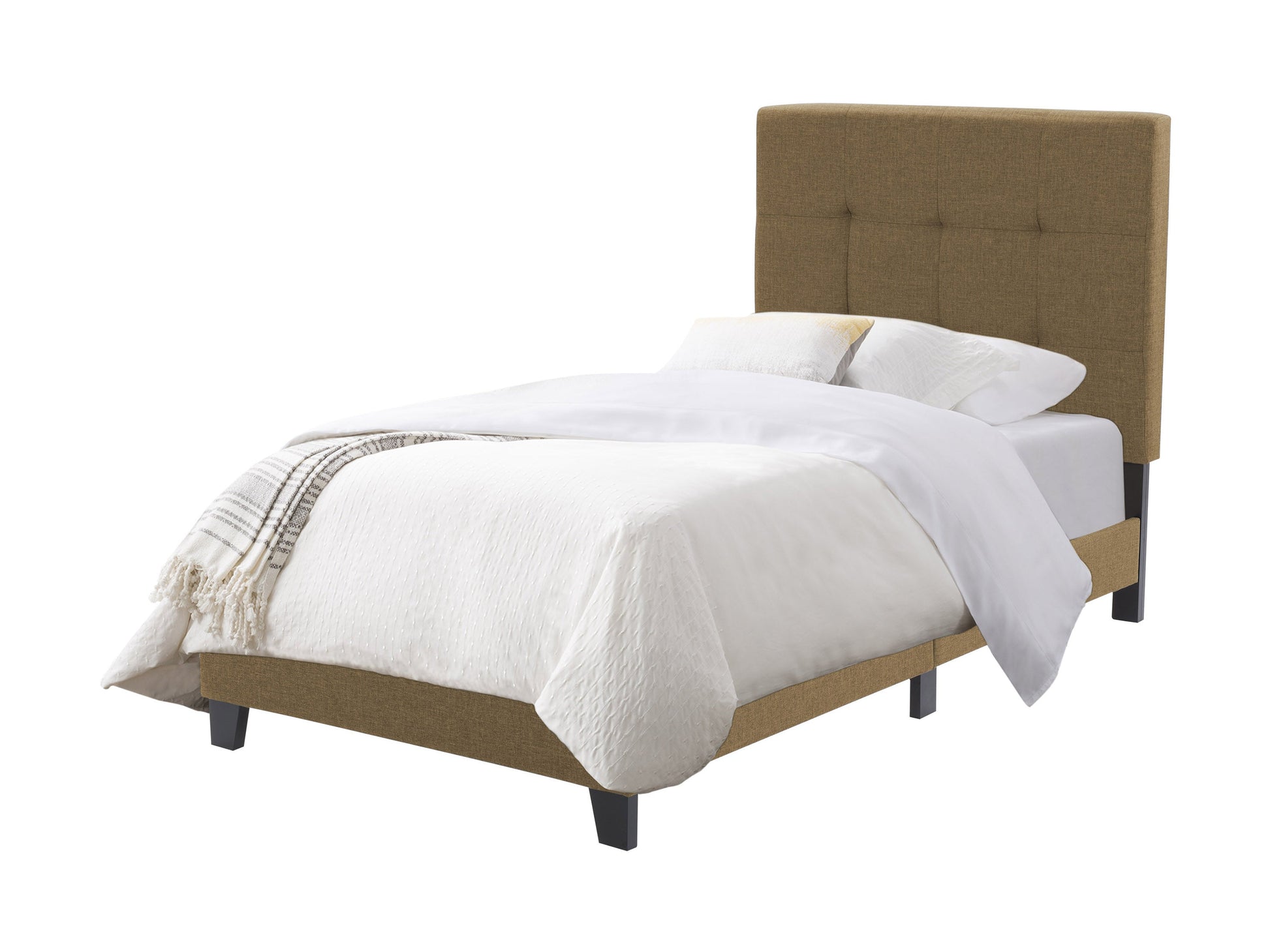Twin single panel bed with clay-colored finish, featuring a sleek wooden frame, minimalist design, and sturdy construction, ideal for modern bedrooms.