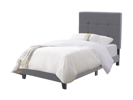 Grey twin/single panel bed with sleek lines, upholstered headboard, and wooden frame. Modern design with soft fabric texture, perfect for contemporary bedrooms. Durable and stylish for kids or guest rooms.
