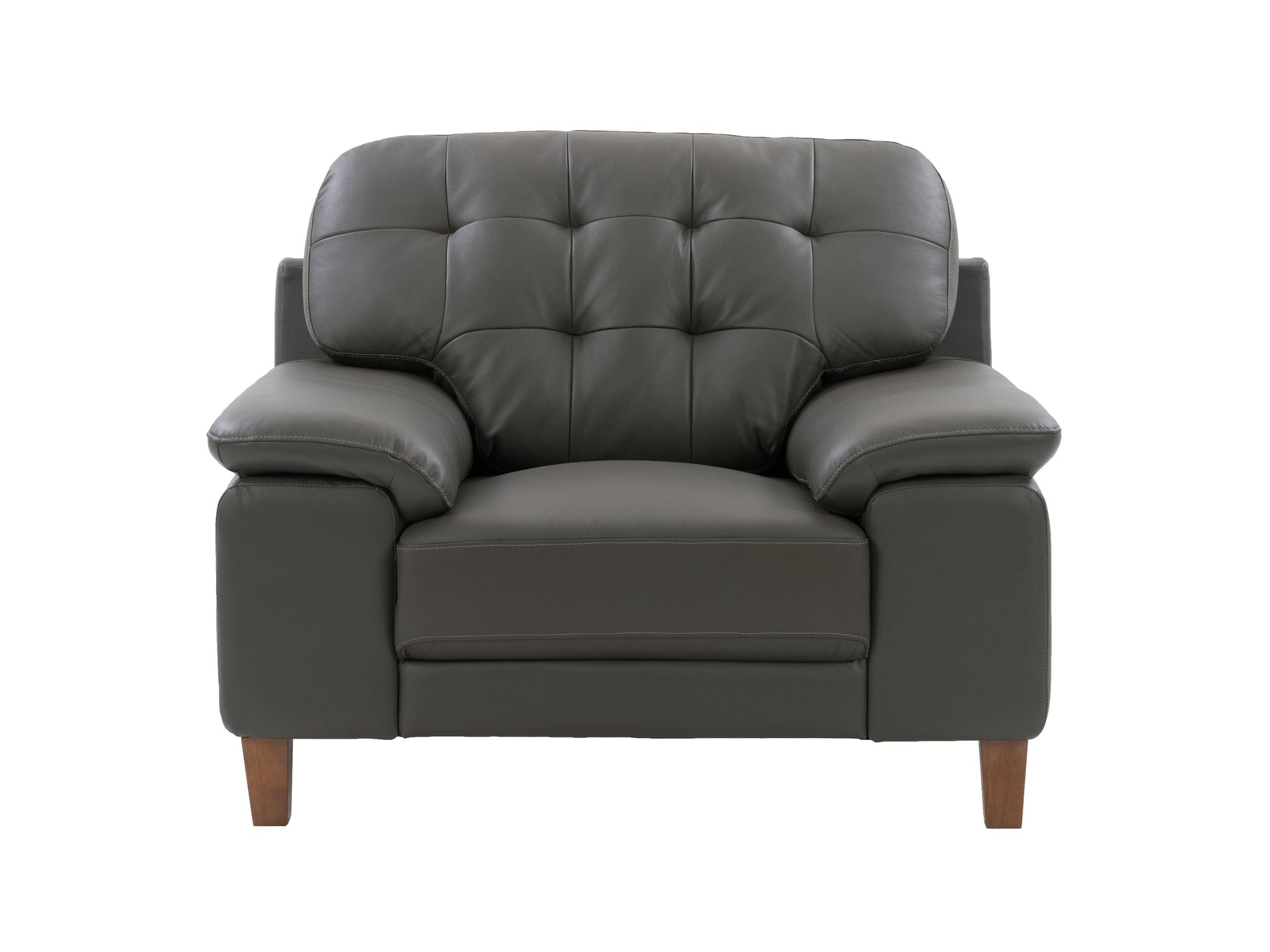Brown leather arm chair with tufted backrest, rolled arms, and wooden legs. The chair features a classic design, offering a luxurious and comfortable seating option for living rooms or offices.