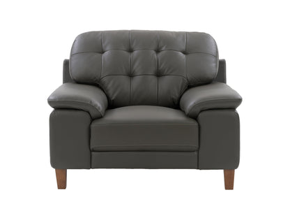 Brown leather arm chair with tufted backrest, rolled arms, and wooden legs. The chair features a classic design, offering a luxurious and comfortable seating option for living rooms or offices.