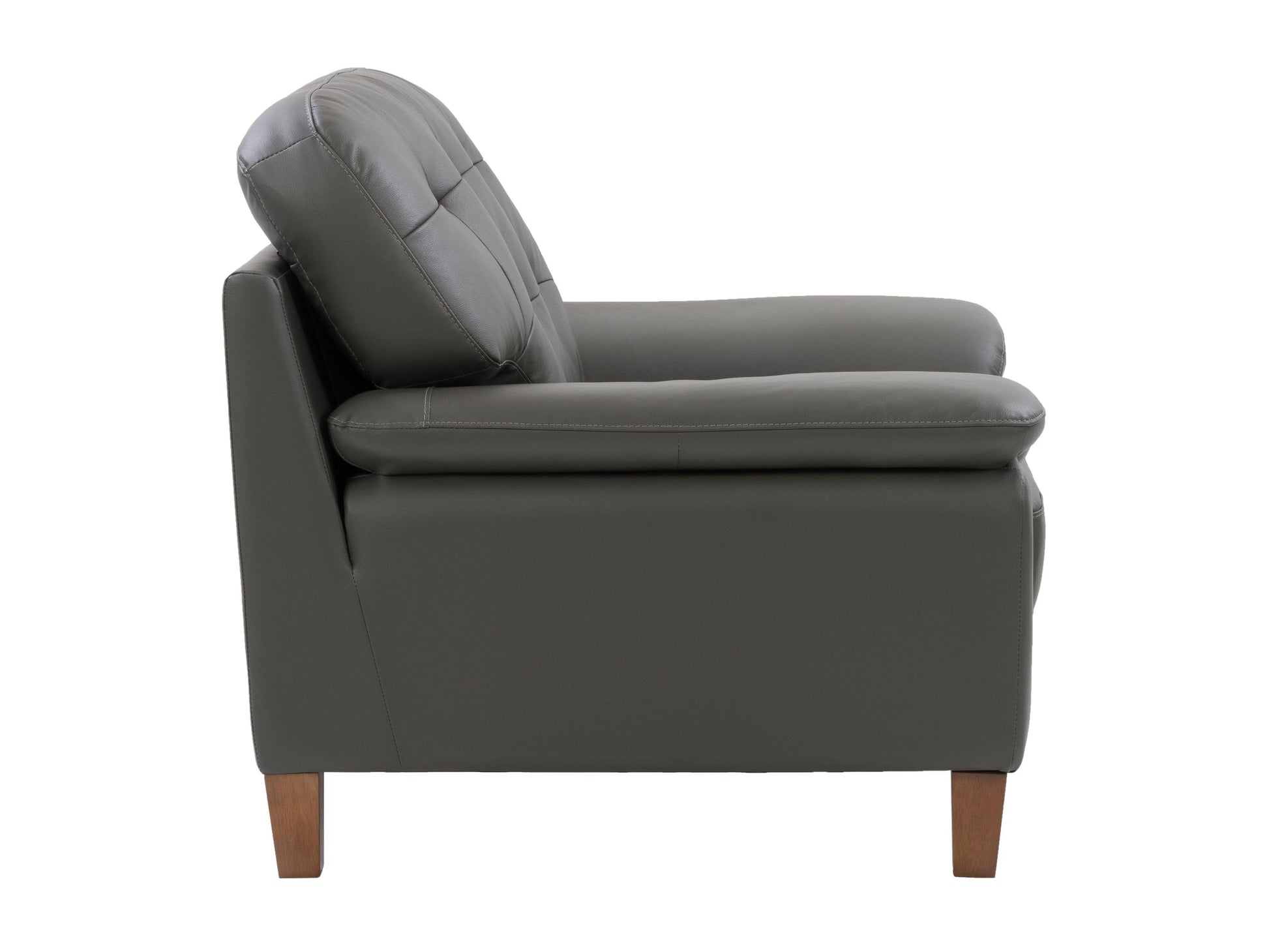 Black leather arm chair with tufted backrest, wooden legs, and modern design. Perfect for living room or office.