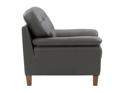 Black leather arm chair with tufted backrest, wooden legs, and modern design. Perfect for living room or office.