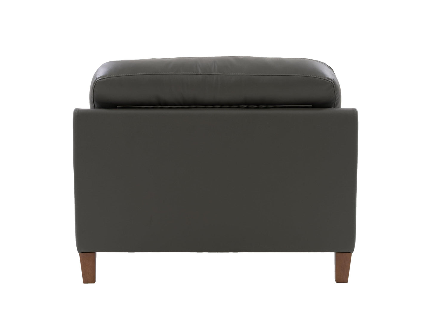 Brown leather arm chair with tufted backrest, wooden legs, and modern design suitable for living room or office decor.